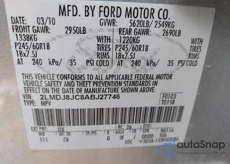 2010 Lincoln Mkx из США, поврежденный, VIN 2LMDJ8JC8ABJ27746